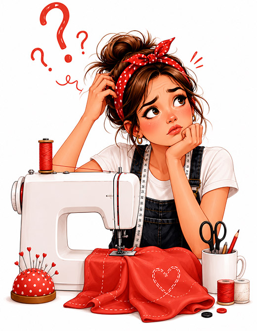 Vrouw achter een naaimachine die vertwijfelt kijkt Vrouw achter een naaimachine die vertwijfelt kijkt